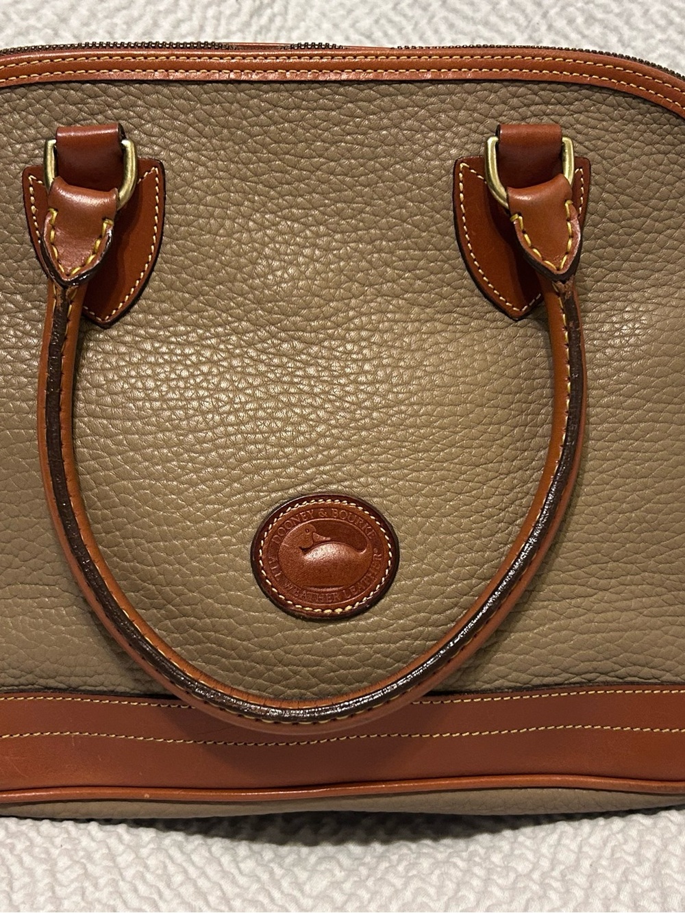 Dooney & Bourke Taupe Satchel with Tan Trim and Brown Handles